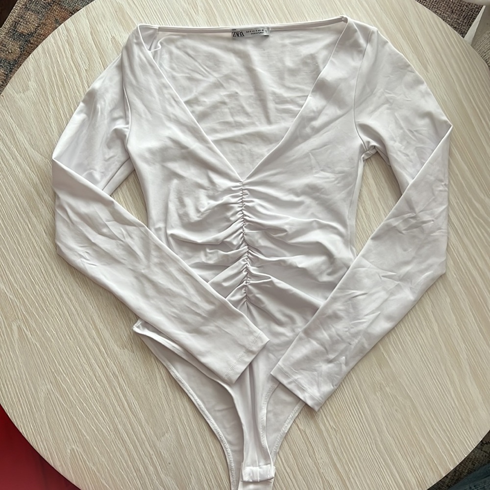 Zara Long Sleeve Ruched Bodysuit | Color: White | Size: Small | Never Worn - Picture 2 of 2